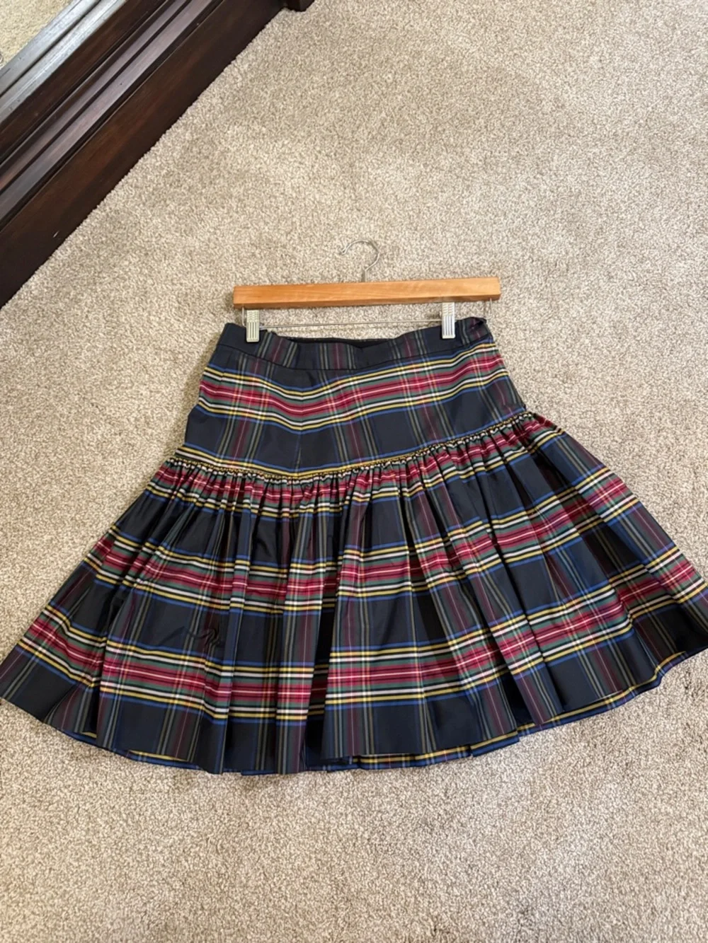 J. Crew Navy Plaid Tiered Midi Skirt with Red and Yellow Stripes
